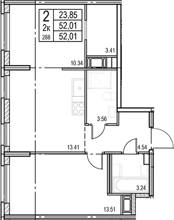 Планировка: 2-комнатная квартира 52 м² в ЖК «ID Murino III»