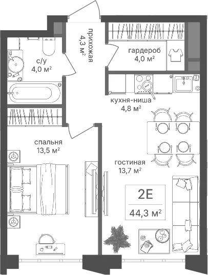 Планировка: Евродвушка 44,3 м² в ЖК «Михалковский»