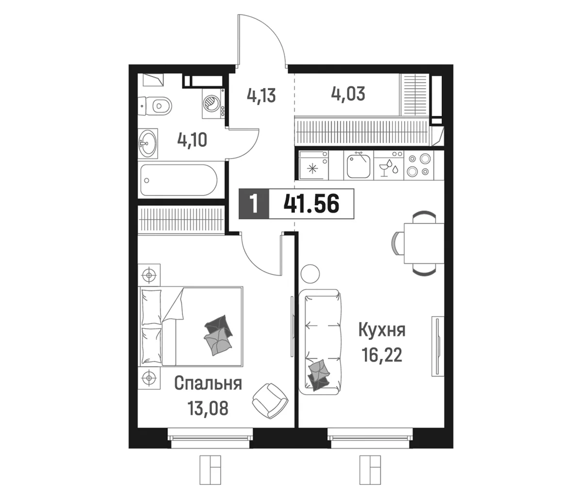 Планировка: Евродвушка 41,6 м² в ЖК «Максималист»