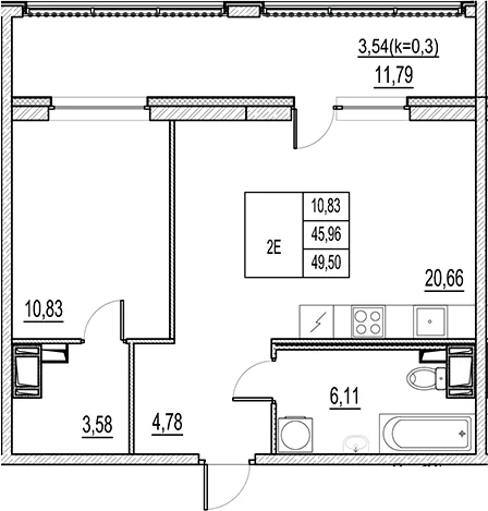 Планировка: Евродвушка 46 м² в ЖК «Город-спутник Южный»