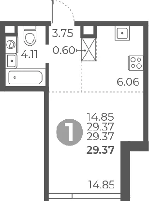 Планировка: Студия 29,4 м² в ЖК «Мневники от Гранель»
