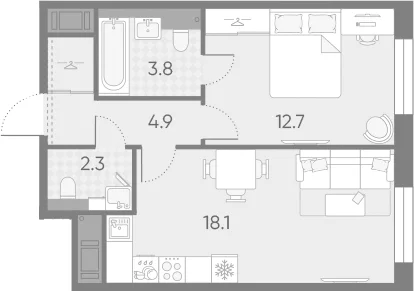Планировка: Евродвушка 41,8 м² в ЖК «Большая Охта»