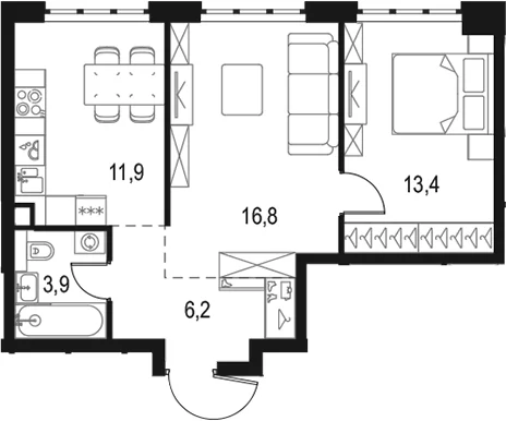 Планировка: 2-комнатная квартира 52,2 м² в ЖК «Левел Южнопортовая»