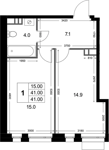 Планировка: 1-комнатная квартира 41 м² в ЖК «Кореневский Форт 2.3»