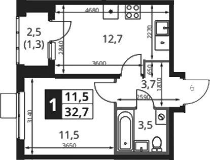 Планировка: 1-комнатная квартира 31,4 м² в ЖК «1-й Ясеневский»