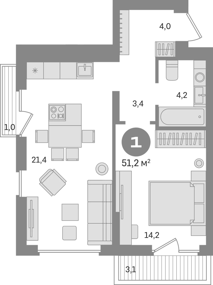 Планировка: 1-комнатная квартира 47,1 м² в ЖК «Первый квартал. Вторая очередь»