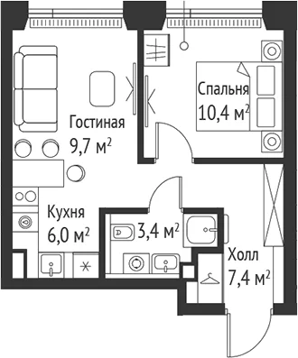 Планировка: Евродвушка 36,9 м² в ЖК «СЕТ»