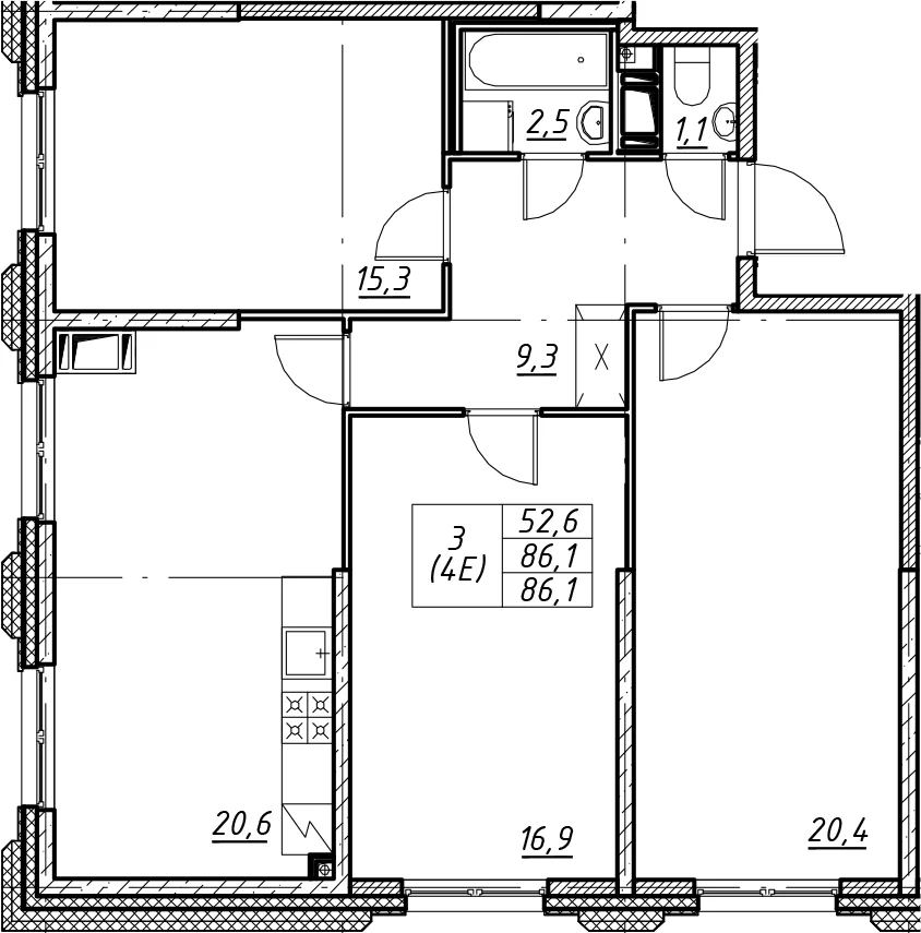 Планировка: Квартира евро-4 85,1 м² в ЖК «Цивилизация на Неве»
