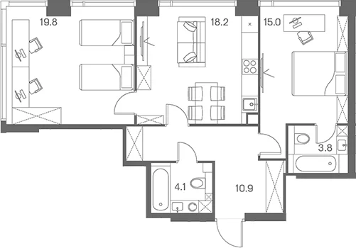 Планировка: Евротрёшка 71,8 м² в ЖК «ЛОТ от Аквилон»