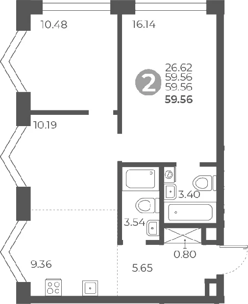 Планировка: 2-комнатная квартира 59,6 м² в ЖК «Мневники от Гранель»