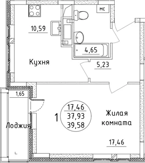 Планировка: 1-комнатная квартира 37,9 м² в ЖК «Дом Союзов»