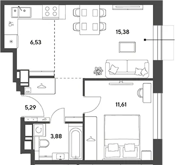 Планировка: Евродвушка 42,7 м² в ЖК «Публицист»
