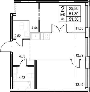 Планировка: Евротрёшка 51,3 м² в ЖК «ID Murino III»