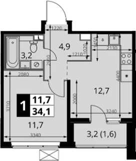 Планировка: 1-комнатная квартира 32,5 м² в ЖК «1-й Южный»