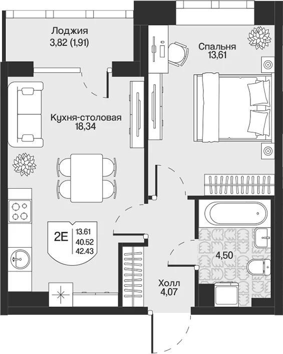 Планировка: Евродвушка 40,5 м² в ЖК «Охтинские высоты»