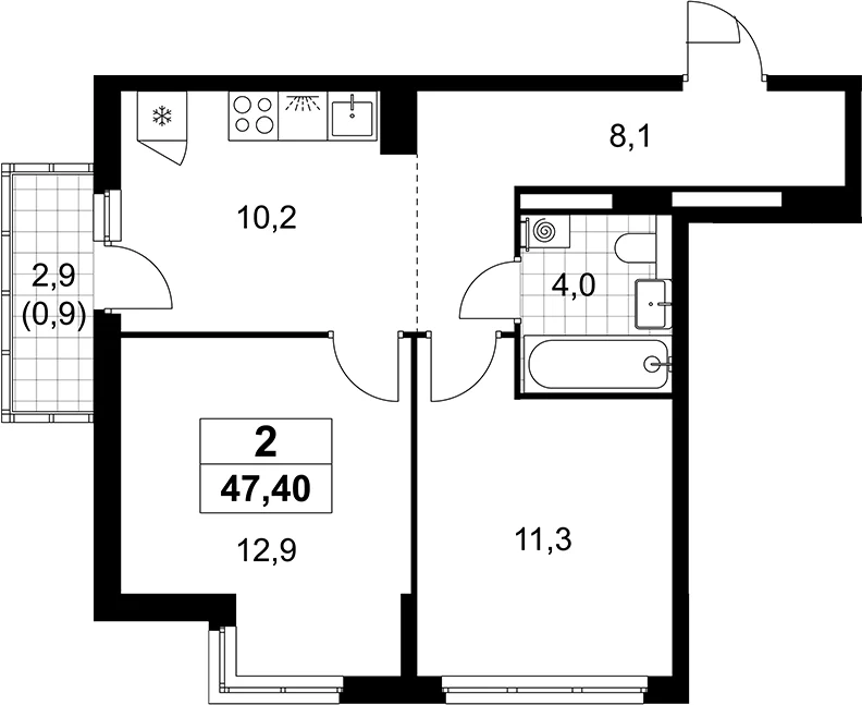 Планировка: 2-комнатная квартира 46,5 м² в ЖК «Деснаречье»
