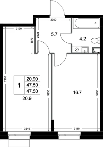 Планировка: 1-комнатная квартира 47,5 м² в ЖК «Кореневский Форт 2.3»