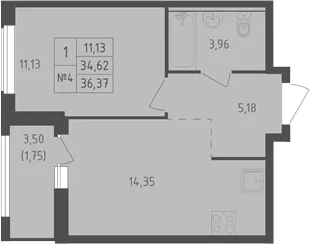 Планировка: 1-комнатная квартира 34,6 м² в ЖК «Южная Нева»