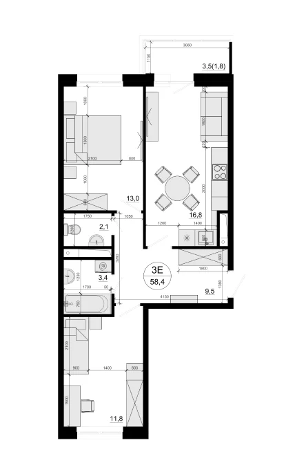 Планировка: 2-комнатная квартира 56,6 м² в ЖК «Одинцовские Кварталы Эволюция»