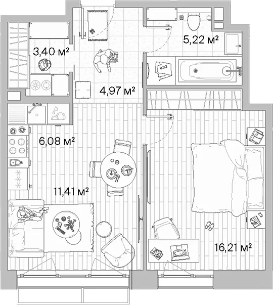 Планировка: Евродвушка 47,3 м² в ЖК «МЫС»