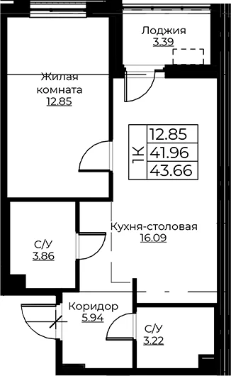Планировка: Евродвушка 42 м² в ЖК «Тишин»