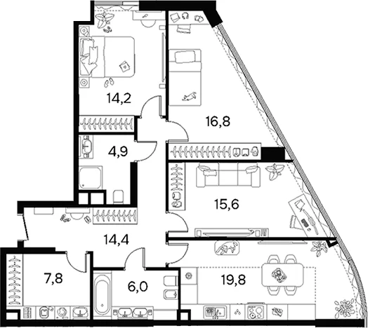 Планировка: 3-комнатная квартира 98,9 м² в ЖК «Вавилова 64»