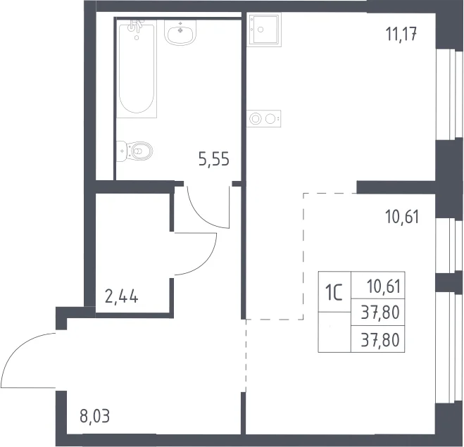 Планировка: Студия 37,8 м² в ЖК «Молжаниново»