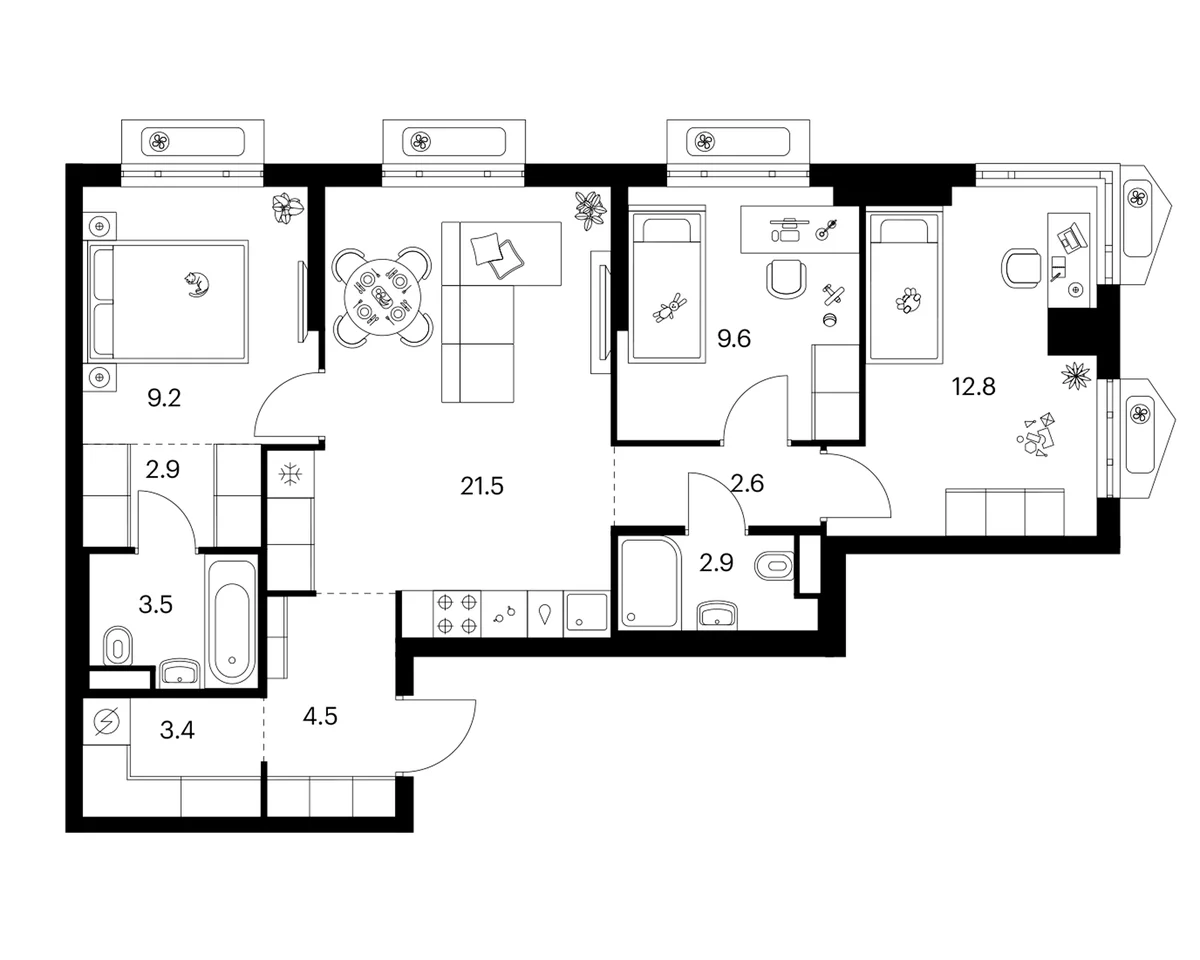Планировка: 3-комнатная квартира 72,9 м² в ЖК «Мичуринский парк»