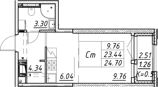 Планировка: Студия 23,4 м² в ЖК «Цивилизация на Неве»