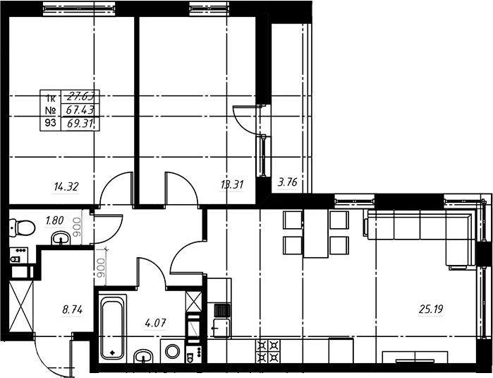 Планировка: Евротрёшка 67,6 м² в ЖК «Огоньки»