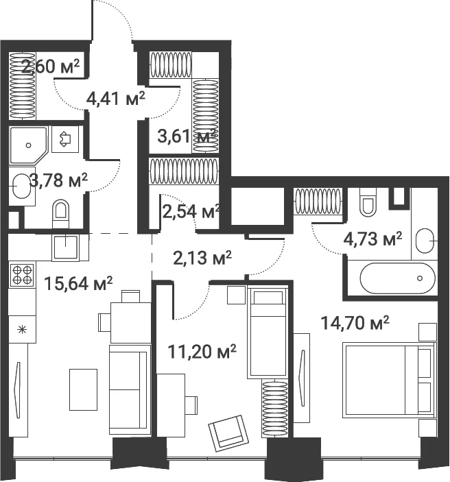 Планировка: Евротрёшка 65,3 м² в ЖК «Первый Нагатинский»
