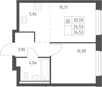 Планировка: Евродвушка 34,5 м² в ЖК «Горки Парк»