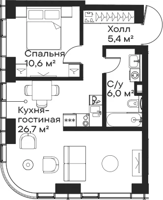 Планировка: Евродвушка 48,7 м² в ЖК «Сити Бэй»