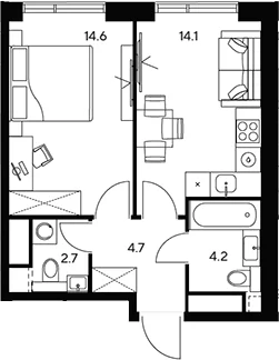Планировка: 1-комнатная квартира 40,3 м² в ЖК «НЕКСУС от Аквилон»