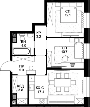 Планировка: 2-комнатная квартира 57,1 м² в ЖК «Театральный квартал»