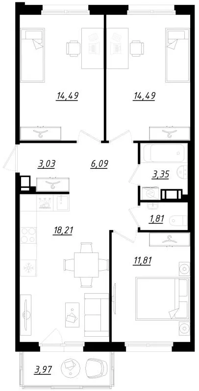 Планировка: Квартира евро-4 73,3 м² в ЖК «Счастье 2.0»