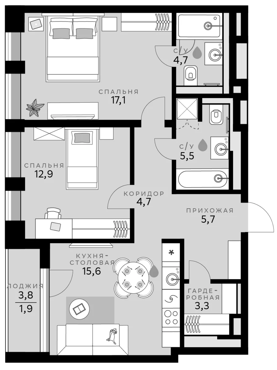 Планировка: Евротрёшка 69,5 м² в ЖК «СберСити»