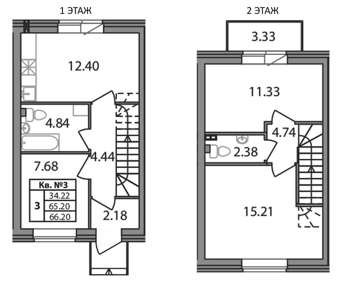 Планировка: Таунхаус 65,2 м² в ЖК «Федоровское»