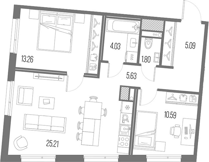 Планировка: Евротрёшка 65,6 м² в ЖК «Легенда Васильевского»