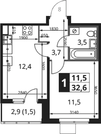 Планировка: 1-комнатная квартира 31,1 м² в ЖК «1-й Ясеневский»