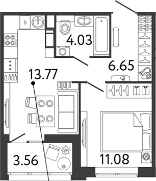 Планировка: 1-комнатная квартира 35,5 м² в ЖК «Ultra City 3.0»