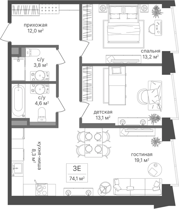 Планировка: Евротрёшка 74,1 м² в ЖК «Петровский Парк II»