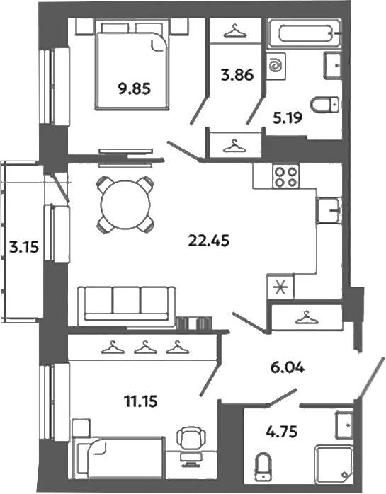 Планировка: Евротрёшка 63,3 м² в ЖК «Загляденье»