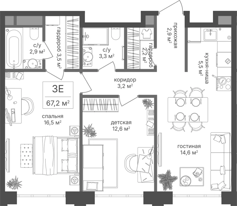 Планировка: Евротрёшка 67,2 м² в ЖК «Михалковский»