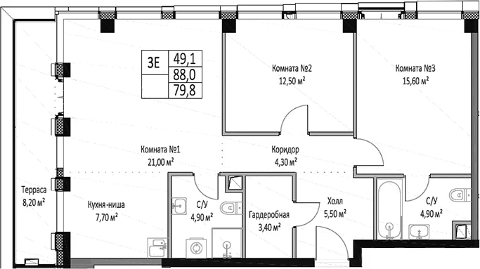 Планировка: Евротрёшка 79,8 м² в ЖК «ЭМОУШН»