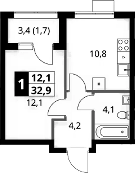 Планировка: 1-комнатная квартира 31,2 м² в ЖК «1-й Ясеневский»