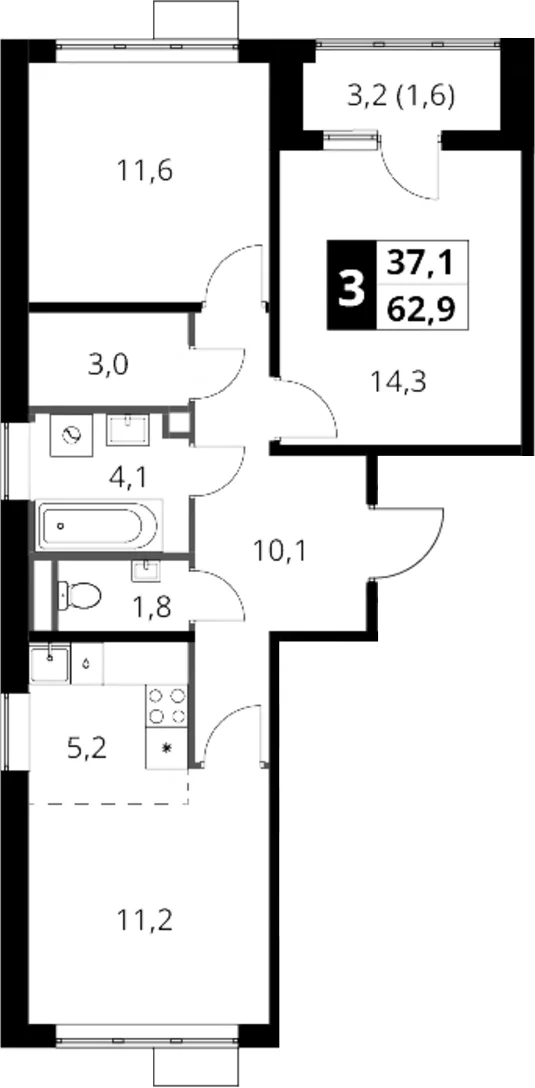 Планировка: Евротрёшка 61,3 м² в ЖК «1-й Шереметьевский»