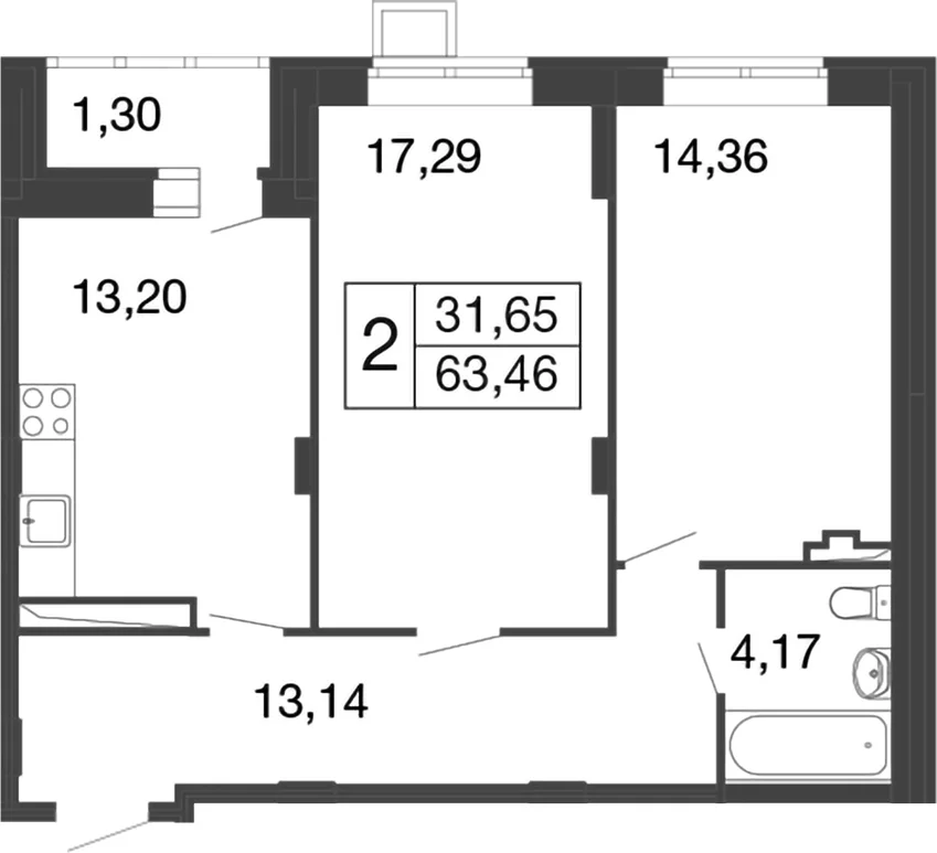 Планировка: 2-комнатная квартира 62,2 м² в ЖК «Времена года»
