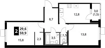 Планировка: 2-комнатная квартира 58,4 м² в ЖК «1-й Ясеневский»
