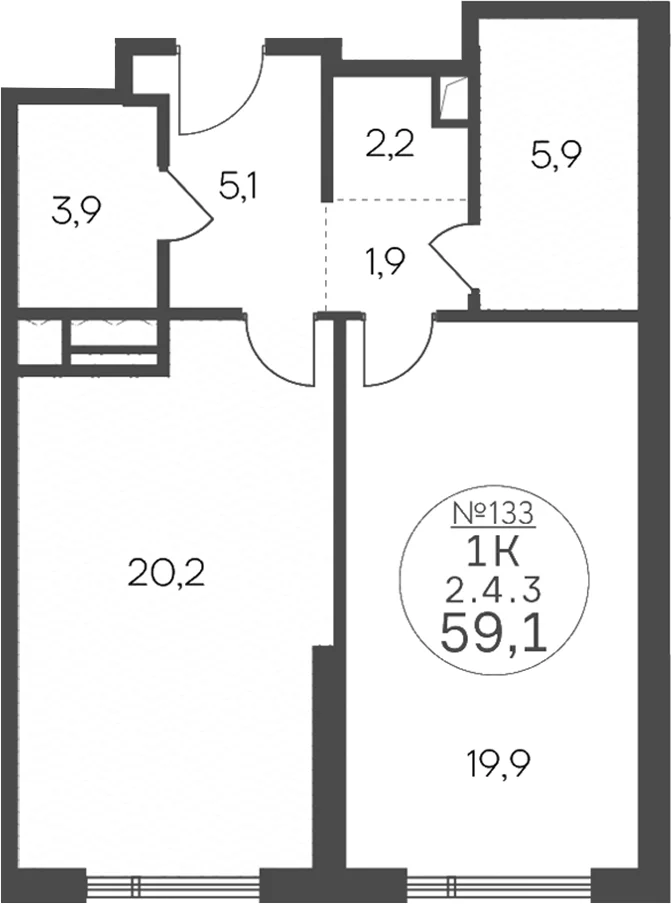 Планировка: 1-комнатная квартира 59,1 м² в ЖК «Клубный квартал КРЫЛАТСКАЯ 33»